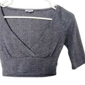 TOBI Deep V 3/4 Sleeve Crop Top Grey Size XS